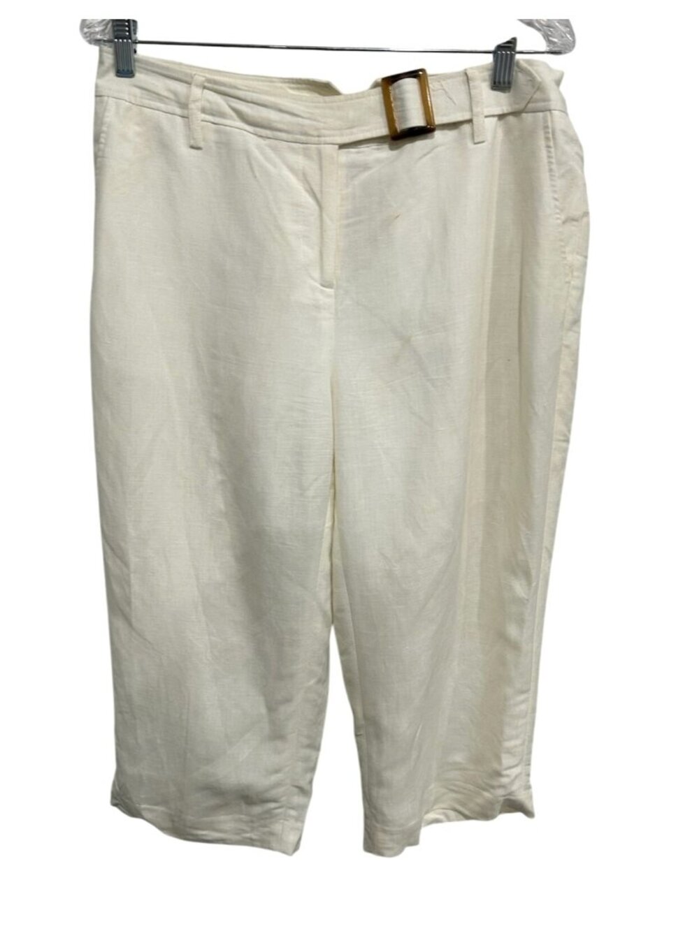 David N Womens Cream Linen Blend Cropped Pants Size 10 With Belted Waist
